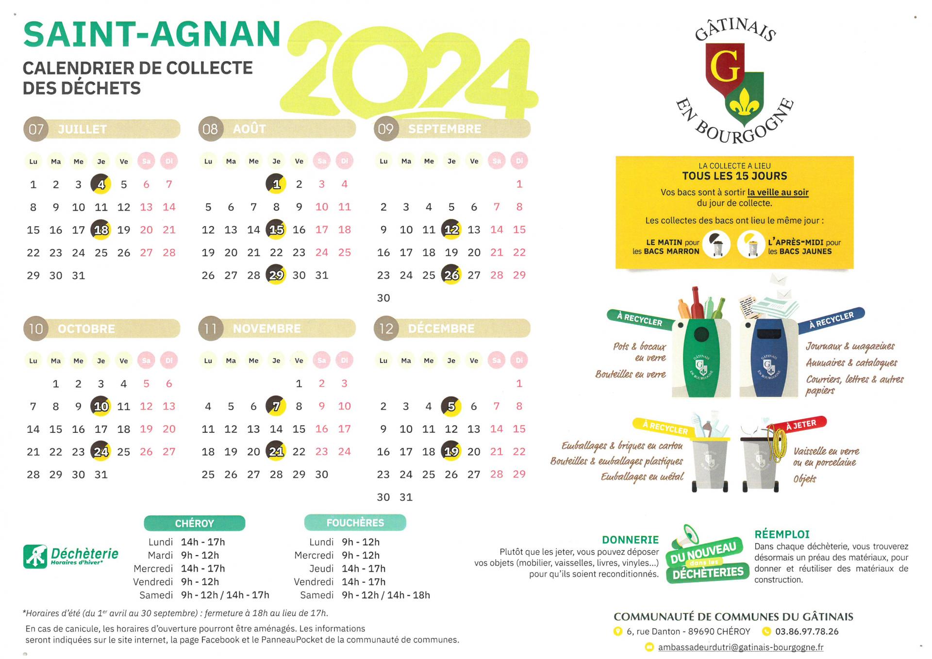 CALENDRIER COLLECTE DÉCHETS 2ème SEMESTRE 2024