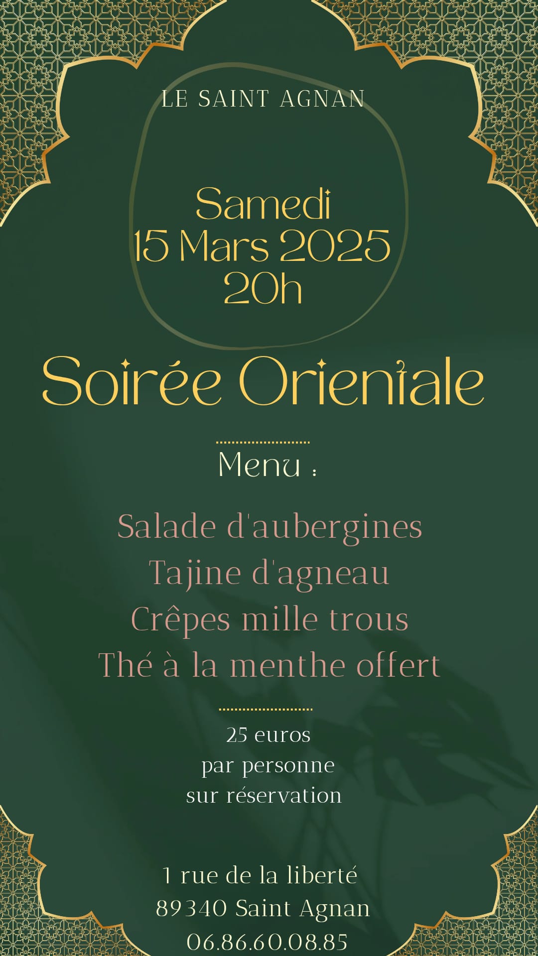 SOIRÉE ORIENTALE LE 15 MARS À 20H00 AU ST AGNAN